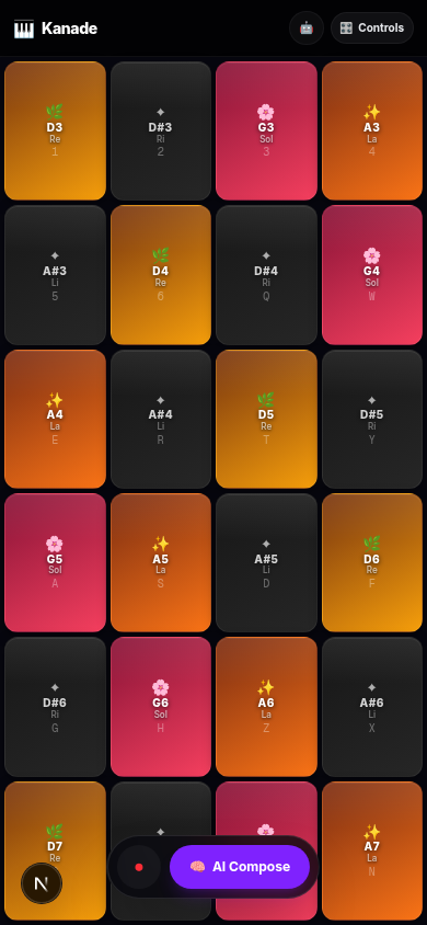 Kanade Mobile View showing AI composer options and custom synthesizer controls